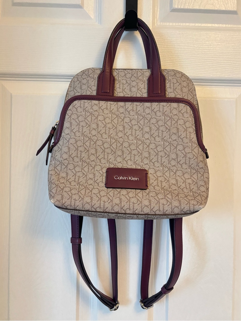 Calvin Klein Monogrammed Logo Mini Backpack Zippered Straps Beige & Purple Purse